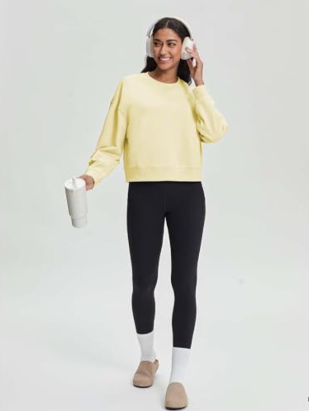 Women's Cropped Crewneck Sweatshirt Relaxed Fit Cotton Blend Lightweight - Picture 4 of 6